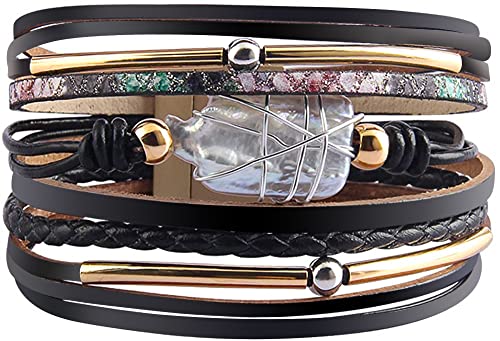 Fesciory Leather Wrap Bracelets for Women, Boho Leopard Multi-Layer Crystal Beads Cuff Bracelet Jewelry - color: Black Leather(Pearl)