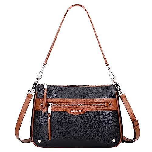 Over Earth Soft Genuine Leather Crossbody Bags for Women Medium Shoulder Purses Hobo Handbags with Multi Pockets - color: 02-black/Brown