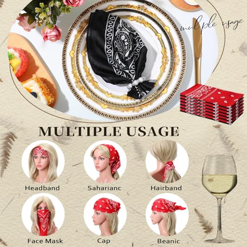 Suhine 12 Pcs Bandanas Bulk for Women Men 22 x 22 Inch Paisley Headband Cowboy Handkerchief Summer Beach Party Costume - color: Red and Black