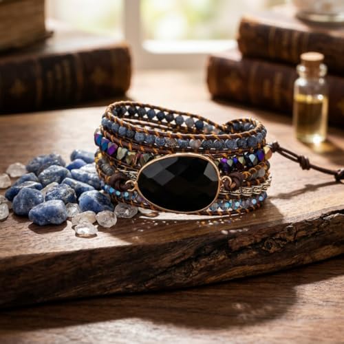 YGLINE Boho Handmade Wrap Leather Tube Crystal Stone Bracelet for Women - color: Oynx