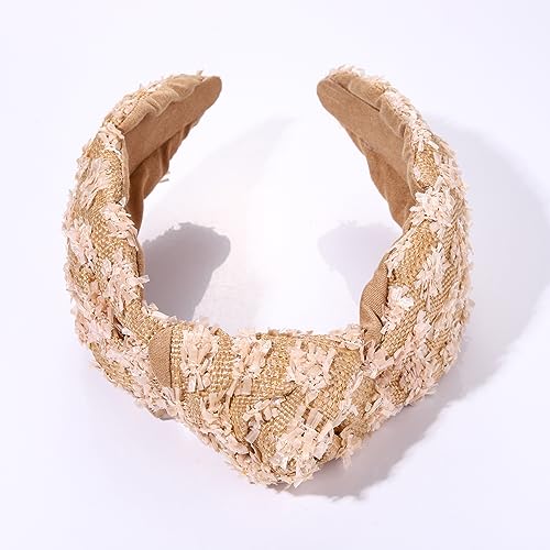 ZITULRY Knotted Raffia Headbands for Women Boho Straw Wicker Braid Wide Top Knot Hairband Statement Rattan Woven Pom Pom Hair Hoop Summer Beach Party Holiday Hair Accessories - color: Rattan