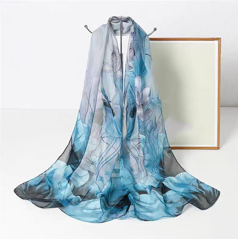 Xyueanlo Women's Chiffon Scarf Lightweight Scarves Fashion Elegant Floral Print Scarfs Shawls - color: Lotus Light Blue