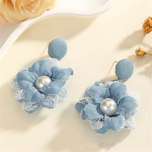 coadipress Boho Denim Camellia Flower Dangle Earrings for Women Exaggerated Big Layered Tiered Blossom Floral Drop Long Earring Chic Statement Earrings Wedding Bridal Jewelry Gifts - style: Pearl Flower