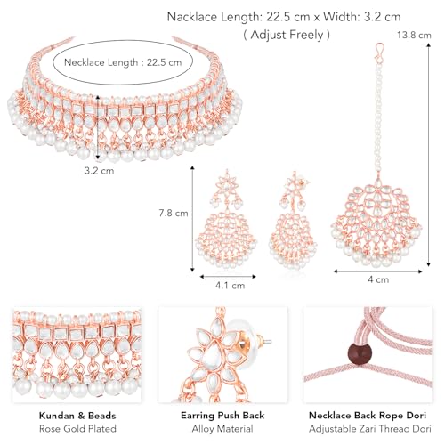 Aheli Faux Kundan Beaded Necklace Earrings Maang Tikka Indian Bollywood Ethnic Jewelry Set Gift for Women - color: Rose Gold
