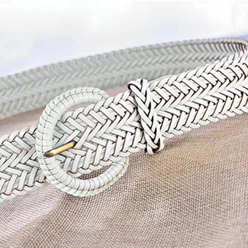 Women Wide Braided Leather Belt 1.6 inch Ladies Soft Woven Waistband with Buckle - color: White