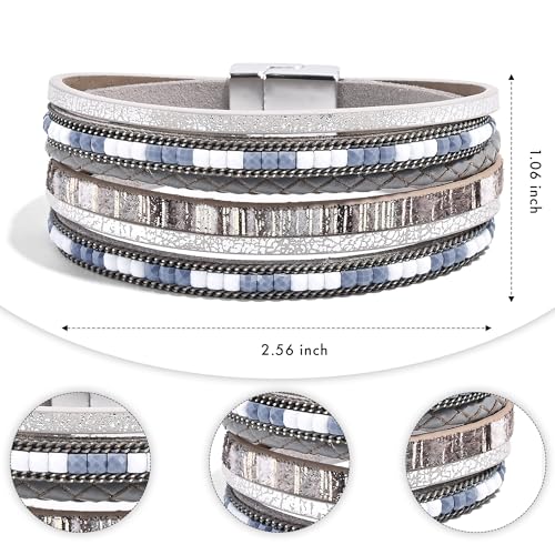 VIBILIA Boho Leather Wrap Bracelets for Women Multi-Layer Bracelets with Strong Clasp Jewelry for Women - color: 03-BohoBraid-Gray