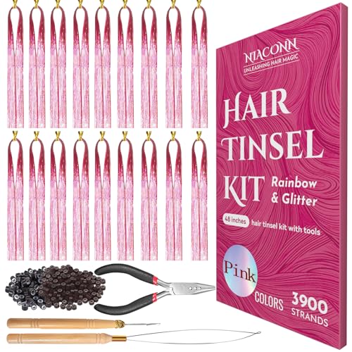 NIACONN Glitter Hair Tinsel Extensions Kit Pink with Tools and Beads, 48 Inch Sparkly Fairy Colorful Tensile Strands Shiny Hair Accessories for Women Girls Kids - color: Pink