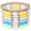 XIANNVXI 7pc Heishi Clay Bead Bracelets for Women Gold Plated Beaded Bohemian Stackable 6.8In Stretch Bracelets Elastic Layering Friendship Jewelry Boho Gift Set - color: Light Colors