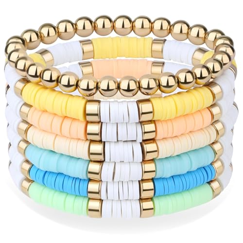 XIANNVXI 7pc Heishi Clay Bead Bracelets for Women Gold Plated Beaded Bohemian Stackable 6.8In Stretch Bracelets Elastic Layering Friendship Jewelry Boho Gift Set - color: Light Colors