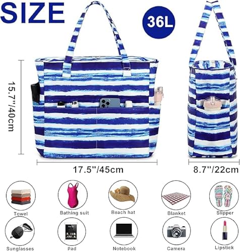 Bluboon Waterproof Beach Tote Pool Bags for Women Ladies Extra Large Carry On Bag With Wet Compartment for Weekender Travel - color: Blue White Stripes