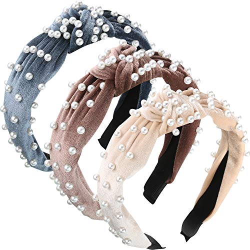 WILLBOND 3 Pieces Pearls Headband Knotted Headband for Women Velvet Pearls Headwear for Woman Hair Accessories (Beige, Pale Mauve, Black) () - color: Beige,Gray,White