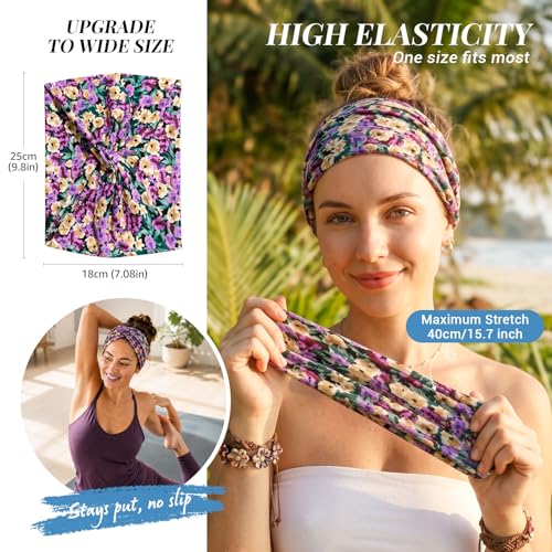 Awumbuk Wide Headbands for Women, 7.08 Inch Thick Boho Turban Style Hair Wraps, Non-Slip Moisture-Wicking Workout Headband for Sports, Yoga, Daily Fashion, 8 Pack Multi Colors (Navy blue) - color: Navy blue