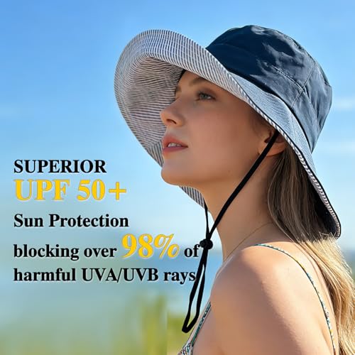 Sun Hats for Women Wide Brim Foldable Beach Hat UV UPF50+ Summer Sun Protection Bucket Hat for Outdoor, Gardening, Travel - color: Navy Blue