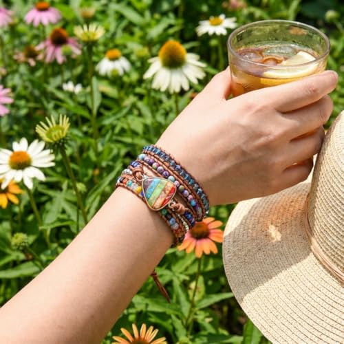 YGLINE Boho Handmade Wrap Leather Tube Crystal Stone Bracelet for Women - color: Chakra 4