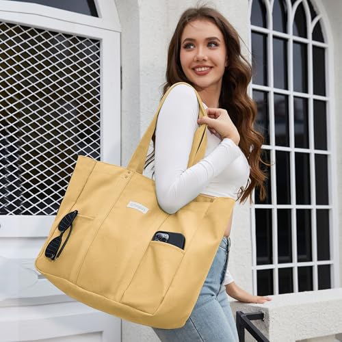 HOMESPON Large Canvas Tote Bag for Women Everything Bag with Pockets and Laptop Sleeve - color: Yellow