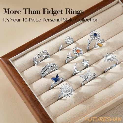 10Pcs Fidget Anxiety Rings for Women Adjustable Spinner Ring Gifts for People With Anxiety Moon Sun Butterfly Galaxy Daisy Flower CZ Stress Relief Calm Rings Jewelry 14K Gold/Silver/Rose Gold Plated - color: Silver Plated