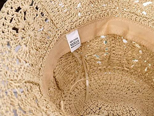 Women Straw Sun Hat Floral Woven Crochet Bucket Hat Y2k Aesthetic Accessories Beach Hat Hand Woven Boho Foldable Cap - color: Khaki