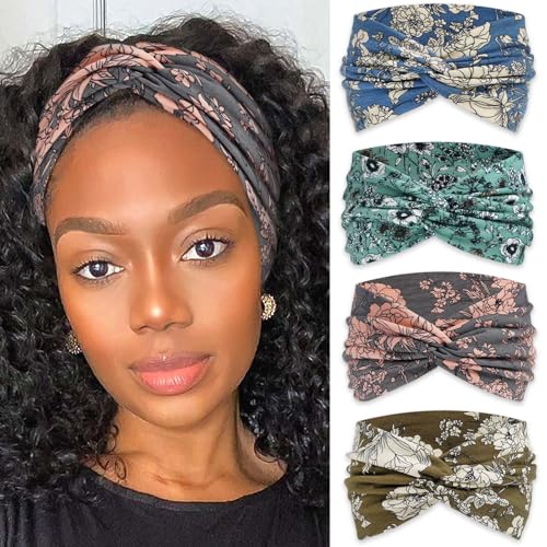 Boho Headbands for Women Cute Wide Headband Floral Print Knotted Turban Head Bands Soft Hair Wraps African Head Scarf Fashion Turban Hairband Large Scarf Headband For Women’s Hair Accessories - color: Style 137