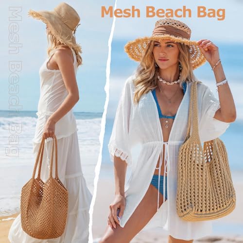 Tavaleu Crochet Tote Beach Bags for Women, Mesh Beach Tote Knit Bag, Summer Vacation Aesthetic Boho Hobo Shoulder Bag - color: Khaki - Mesh Crochet