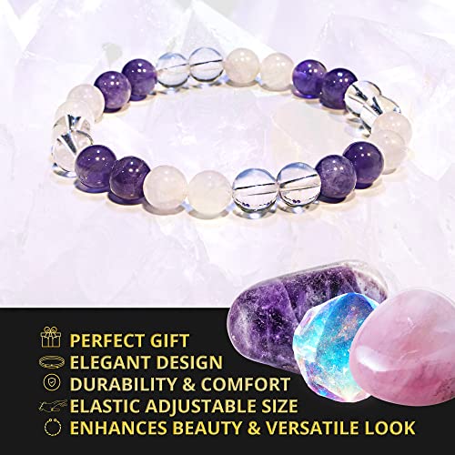 ANAYA AGATE Healing Crystal Bracelet for Women and Men – 8mm Round Beaded Bracelet for Men and Women – Unisex Stretchy Gemstone Bracelet for Healing and Protection - color: Amethyst, Clear Quartz, Rose Quartz