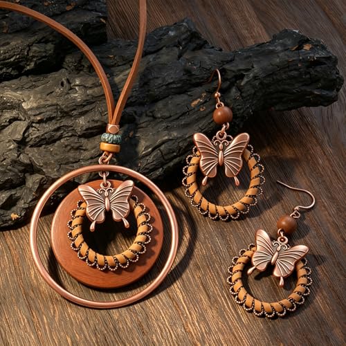 Wooden Leather Necklaces Set Bohemian Wood Stack Discs Long Chain Hemp Rope Bronze Plated Pendant Ethnic Tribal Fall Leaf Earrings Jewelry Statement Necklace - color: R-033