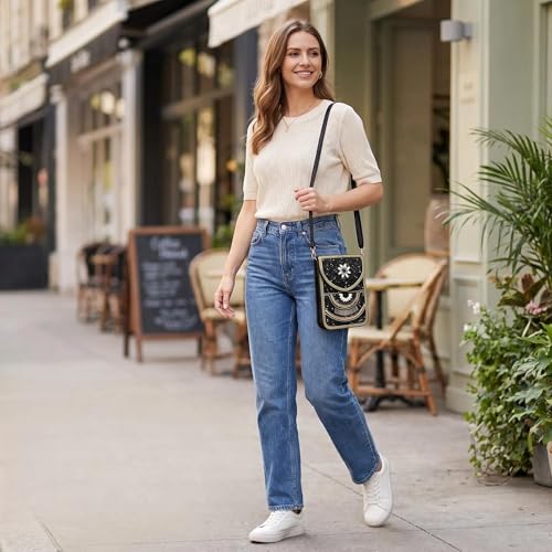 Small Crossbody Bags for Women Designer Cell Phone Bag Boho Shoulder Wallet Purse - color: Black-white
