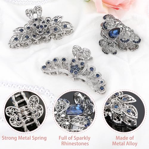 kilofly 3pc Vintage Crystal Hair Claw Clips Long Thick Hair Metal Clamps - color: 2 Large + 1 Medium