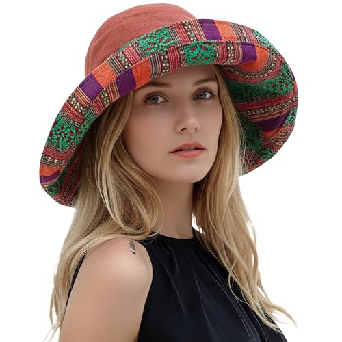 Wide Brim Sun Hat for Women Reversible Beach Hats Metal Wired Edge Gardening Hats, UPF 50+ Bucket Summer Hat - color: Reddish Brown Boho-style