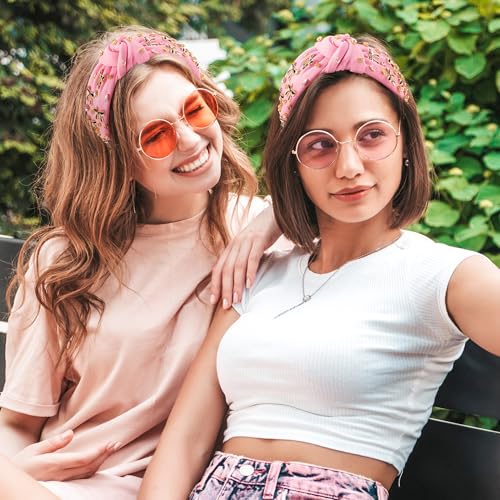 PANTIDE Coquette Black Bow Jeweled Knotted Headband - Rhinestone Crystal Embellished Preppy Trendy Headband Wide Top Knot Non Slip Fashion Hairband Hair Accessories Birthday Gift for Women Girl (Pink) - color: Pink Black Bow