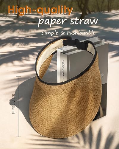 Senker Fashion Sun Hats Visor for Women, Straw Beach Hat Adjustable Wide Brim Ponytail Packable for Summer Travel UPF 50+ - color: Khaki