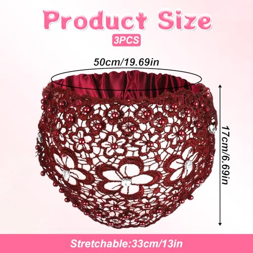 Tucnoeu 3pcs Boho-Chic Crystal & Pearl Embellished Wide Headbands, Wide Boho Pearl Headband for Wome, Floral Beaded Lace Elastic Headband Suitable for Daily Wear and Weddings Stylingvarious Holidays - color: Coffee, Claret, black