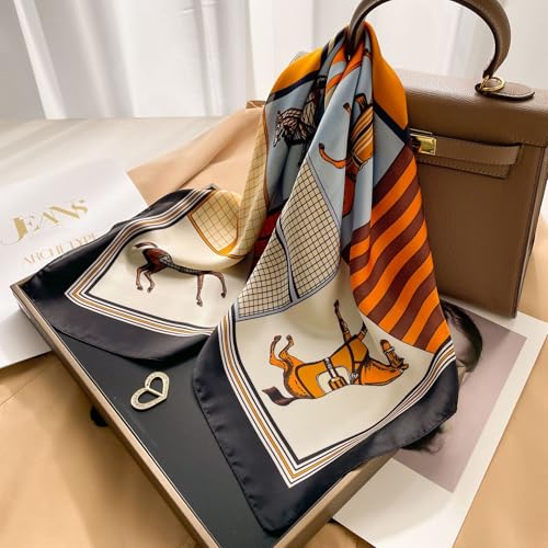 CHUNG Women's Scarf Hair Bandanas Square 27.5" Satin Wrap Fashion Pattern Scarves Emulation Silk Handbag Ribbons Necktie - color: Orange Horse