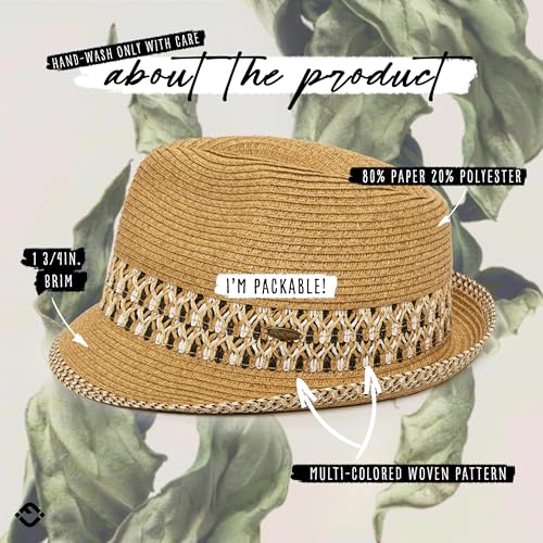 Funky Junque Straw Fedora Hats for Women - UPF 50+ Sun Hat, Short Brim Packable Beach Hat with Woven Pattern - color: Brown