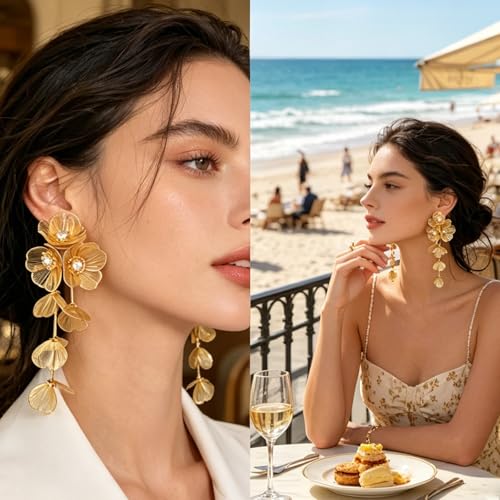 Gold Flower Earrings for Women Boho Orchid Earrings Floral Hoop Petal Earring Prom Wedding Jewelry - style: C:GOLD STYLE 2