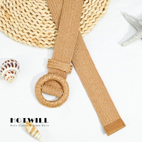 HOTWILL Women Straw Woven Belt Boho Elastic Stretch Braided Waist Belts for Summer Dresses - color: Camel_round Buckle