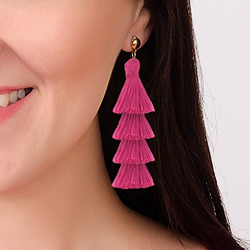 BaubleStar Tassel Earrings Handmade Tiered Thread Tassel Dangle Earrings, Multi Colors - color: Hot Pink