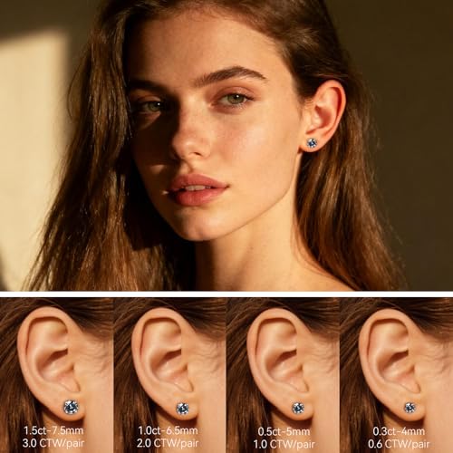 Moissanite Stud Earrings, G23 Hypoallergenic Titanium Stud Earrings for Women Men, Round Cut D Color VVS1 Clarity 18K White Gold Palted Multicolor Moissanite Jewelry, 0.6CT-3.0CT - color: Grey, size: (1.0ct*2)-6.5mm-2.0 Carat