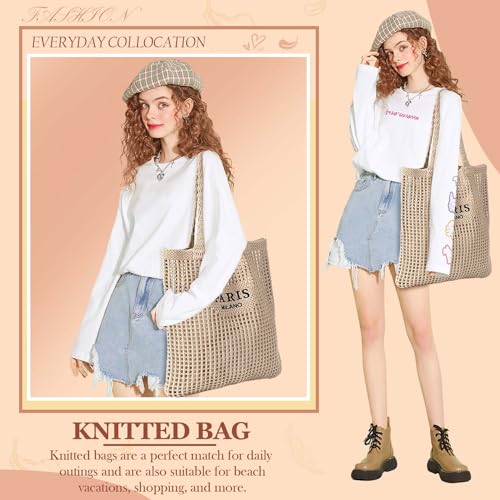 Ayieyill Crochet Tote Bag For Women, Crochet Mesh Beach Tote Bag Summer Vacation Aesthetic Boho Knit Bag for Women - color: G/Light Khaki