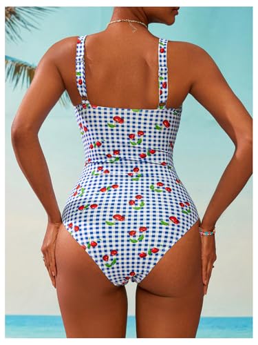 BEAUDRM Women's Boho Floral Print One Piece Swimsuit Y2K Bathing Suits Swimwear Beachwear - color: Blue Cherry, size: Medium