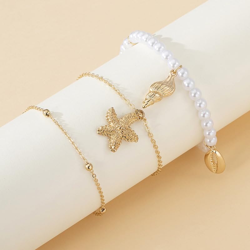 Ankle Bracelets for Women Waterproof Beach Jewelry for Women Elastic Beaded Anklets Boho Seashell Pearl Starfish Anklets for Women Foot Jewelry - style: 3 - 3 layer pearl shell conch