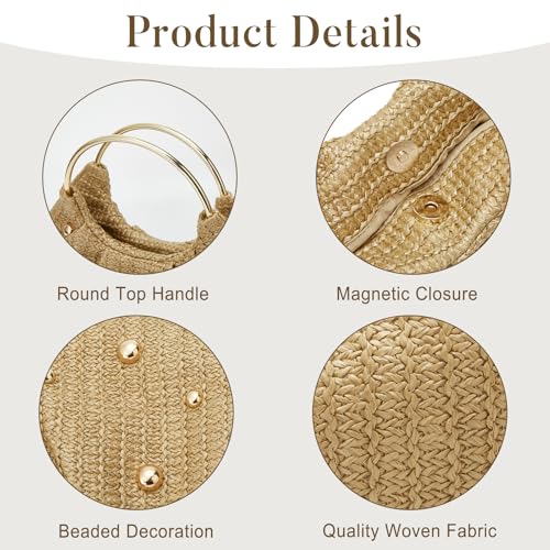 Straw Woven Beach Bag 2026 Summer Beaded Top Handle Handbag Raffia Evening Purse Wedding Clutch Vacation Tote Wristlet Bag - color: Khaki