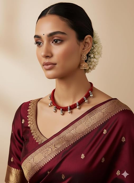 athizay Boho Charm Thread Choker Necklace – Braided Bohemian Choker with Oxidized Silver Dangle Charms | Handmade Boho Jewelry for Women - color: Maroon, Silver