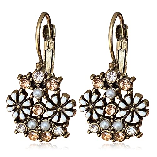 Unique Bohemian Vintage Sparkly Crystal Colorful Round Flower leverback earrings Boho Retro Bronze Circle Beaded Flower Floral Dangle Drop Earrings for Women - color: Colorful 3
