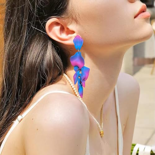Long Acrylic Rose Petal Earrings Dangle Exaggerated Flower Earrings Drop Statement Floral Tassel Earrings for Women - color: Hot Pink + Blue