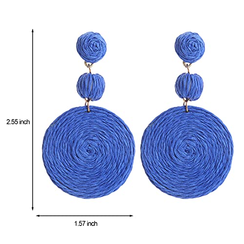 Boho Raffia Ball Earrings for Women, Handmade Statement Drop Earrings Straw Dangle Earrings Beach Vacation Jewelry - color: Royal blue