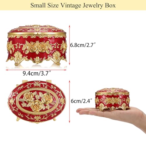 Hipiwe Oval Jewelry Box Classic Metal Trinket Organizer Ring Storage Box with Rose Pattern Jewelry Storage Box for Ring Earrings Necklace, Gift for Women, Red - color: Red