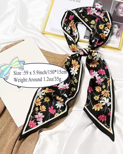 Purse Scarf For Handbags Head Scarves For Women's Hair Bags Scarfs Long Skinny Scarves Fashion Silky - color: A1-black Flower