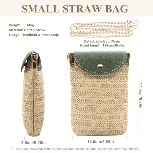 Long Keeper Small Straw Crossbody Phone Purse for Women Mini Faux Straw Summer Crossbody Boho Shoulder Bag for Beach Holiday - color: Green