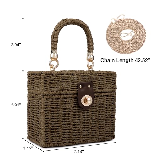Handwoven Rattan Bag for Women Wicker Crossbody Shoulder Bag Straw Beach Tote Bag Top Handle Satchel Handbag with Chain Strap - color: Dark Brown