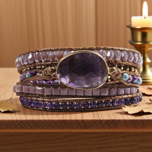 Women Wrap Bracelet Boho Natural Jasper Crystal Stone Beads Strand Bracelets - color: Amethyst